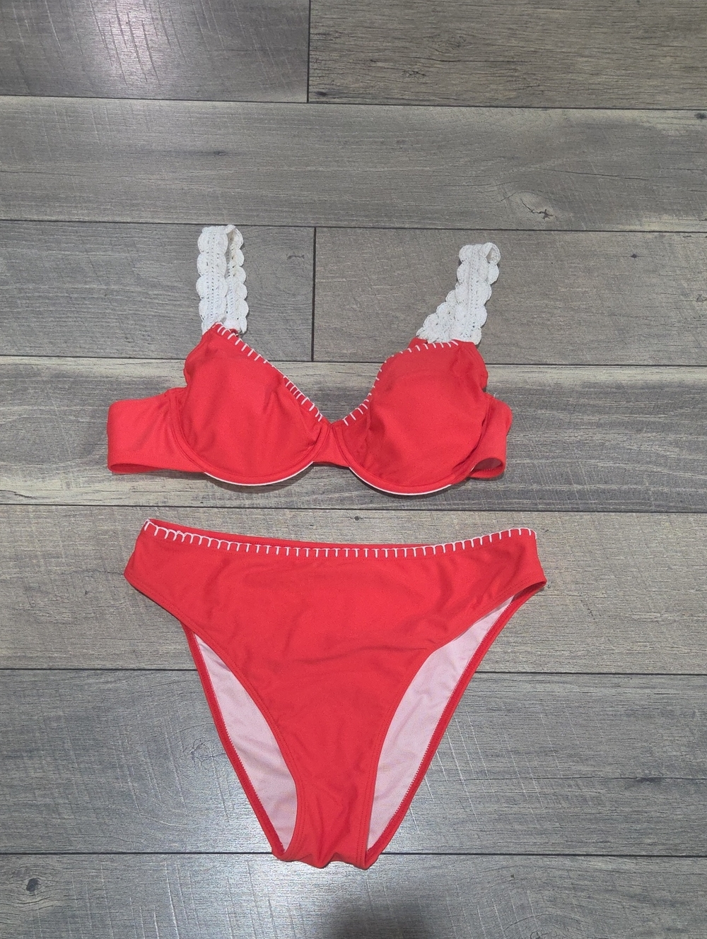 Bright Red Bikini with White Crochet Straps